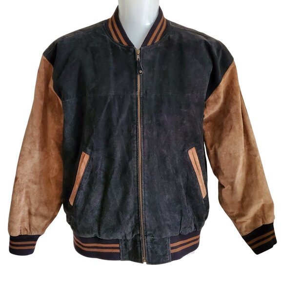 Route 66 Vintage Y2K 90s Suede Genuine Leather Varsity Bomber Jacket Black Tan L - Picture 2 of 16